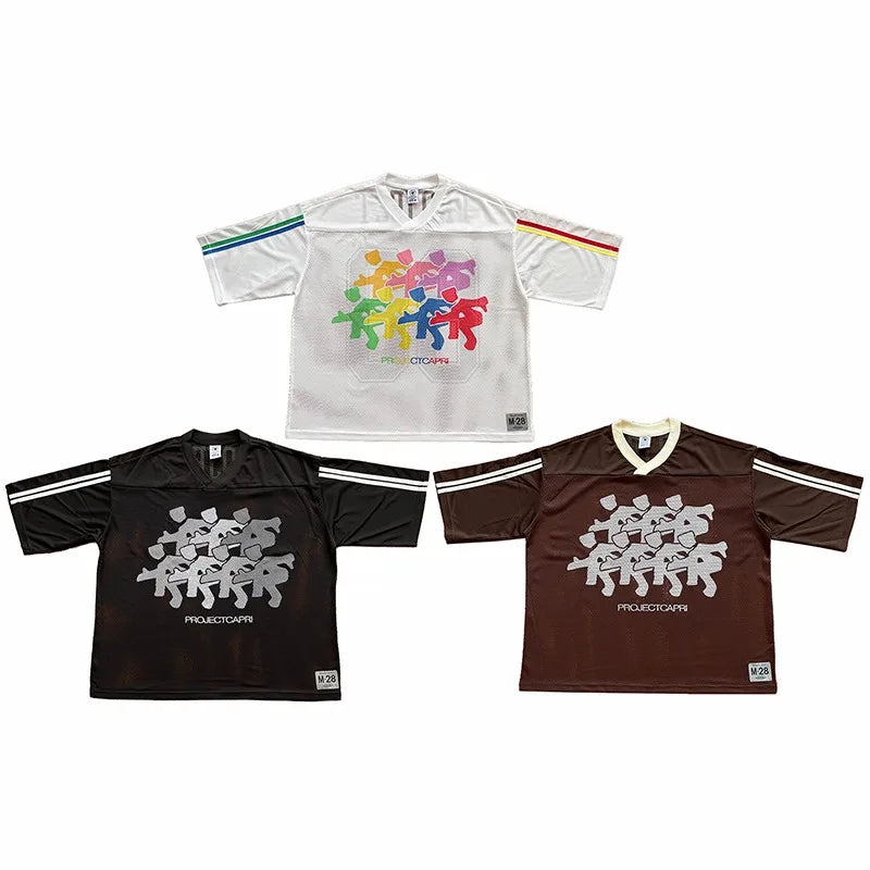 Project Capri Emergency Portrait graffiti European-style mesh loose short-sleeved T-shirt