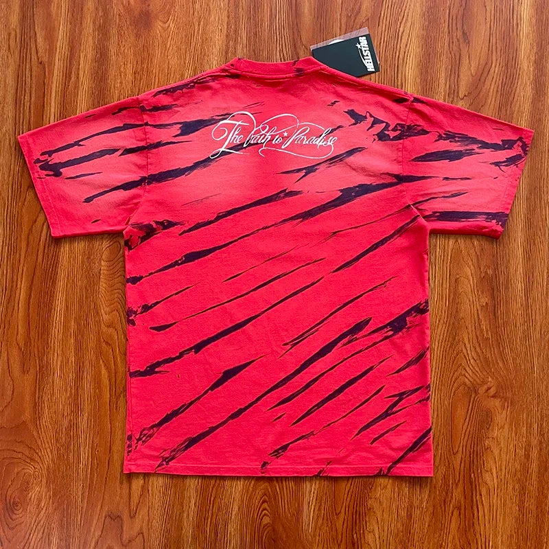 HS Records Red tie-dye cotton casual short-sleeved T-shirt for men and women