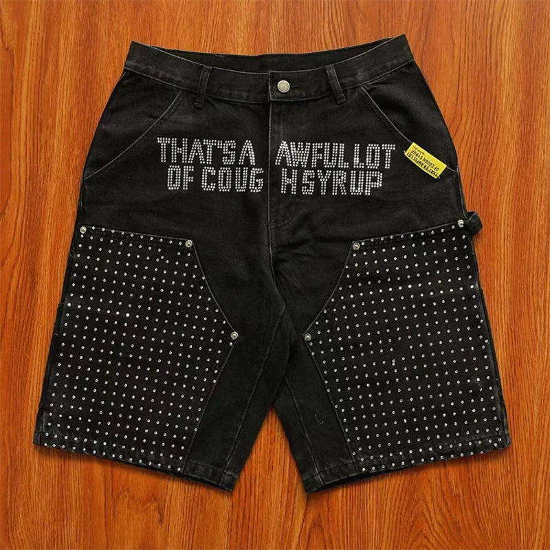 That's A Awful Lot of Cough Syrup Printed hot diamond casual washing denim shorts Limited Edition