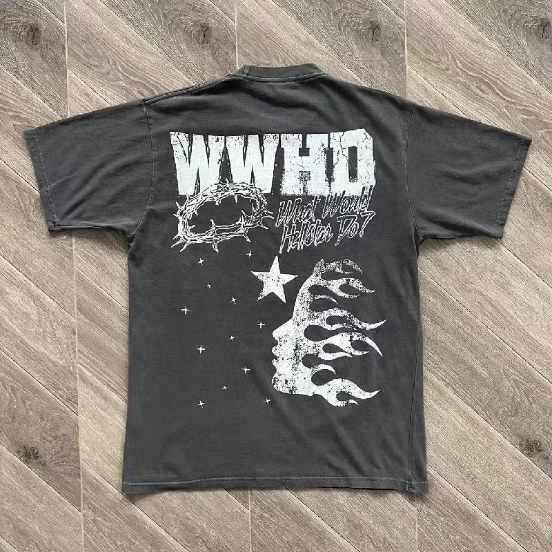 HS Wwwhd God Tee Portret Flash Wash Zware Industrie Korte Mouw T-Shirt