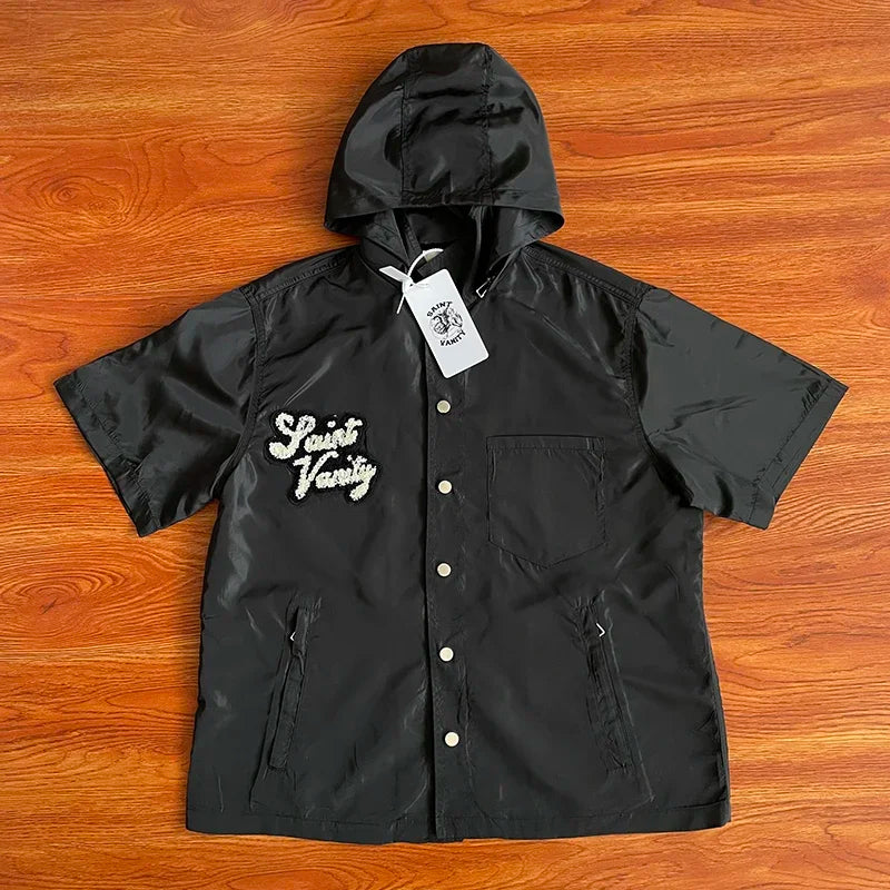 SAINT VANITY Embroidered casual sports trench coat with hooded short sleeves