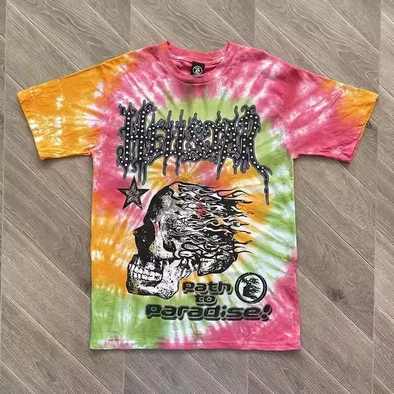 HS Heren En Dames Tie-Dye T-Shirt Met Korte Mouwen En Dezelfde Schedel
