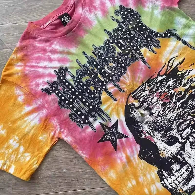 HS Heren En Dames Tie-Dye T-Shirt Met Korte Mouwen En Dezelfde Schedel