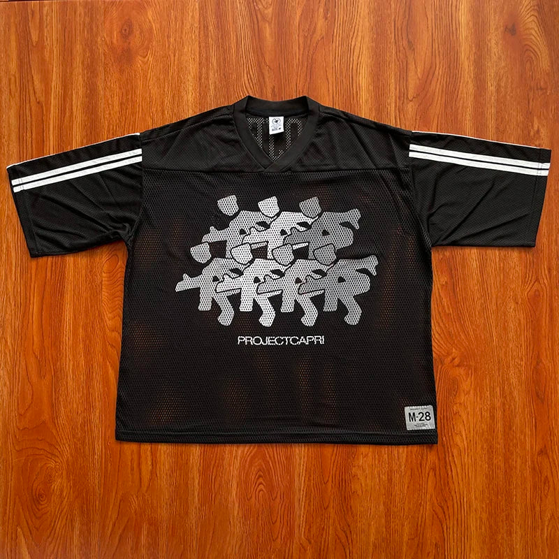 Project Capri Emergency Portrait graffiti European-style mesh loose short-sleeved T-shirt