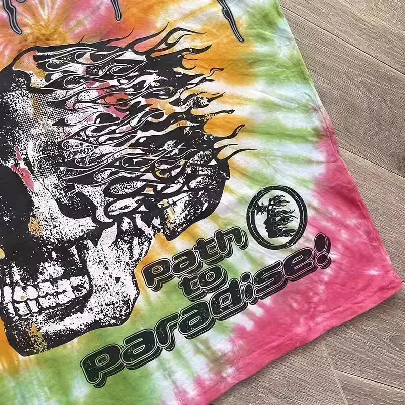 HS Heren En Dames Tie-Dye T-Shirt Met Korte Mouwen En Dezelfde Schedel