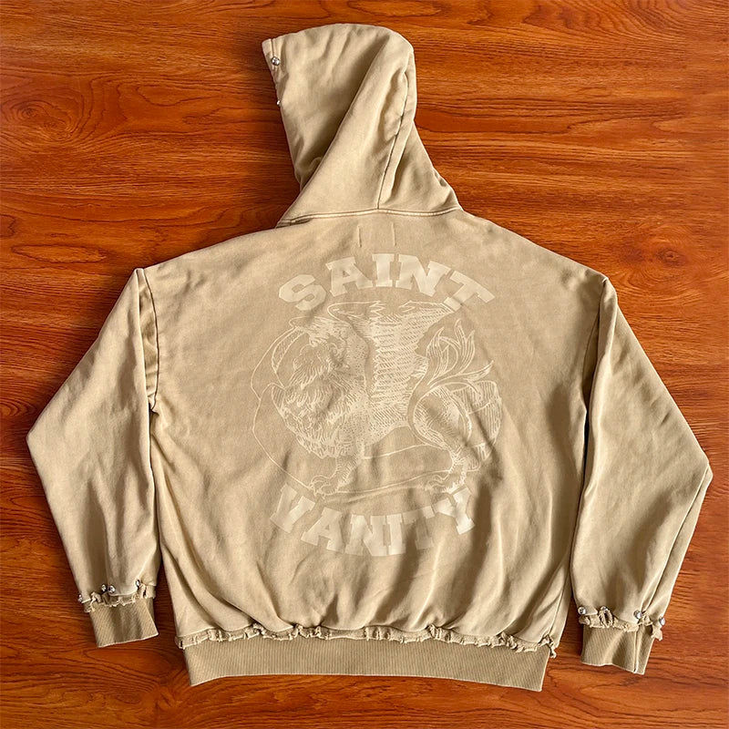 SAINT VANITY Washing water and making old rivet hooded sweater