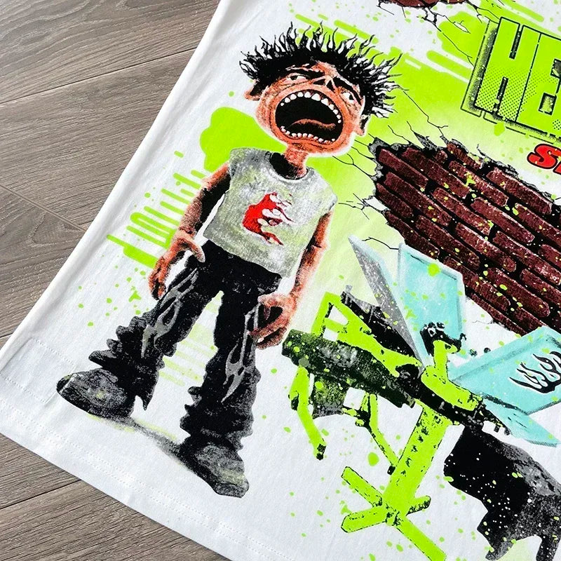 HS Screaming Kid Brick wall print casual short-sleeved T-shirt