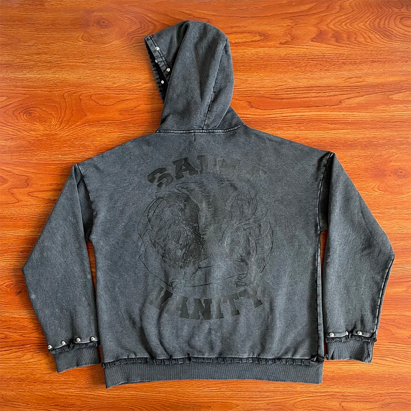 SAINT VANITY Washing water and making old rivet hooded sweater