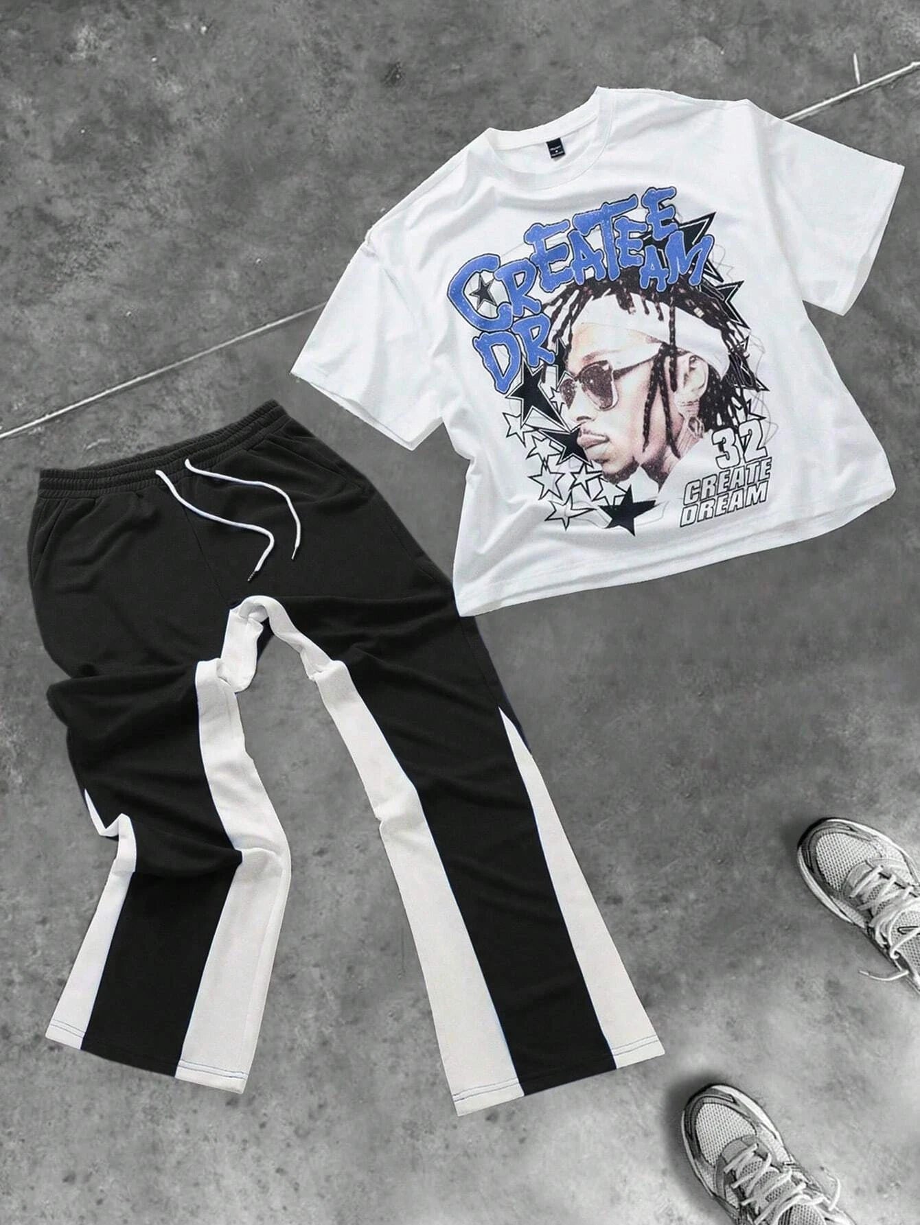 Men's Fashion Casual Drawstring Pants And Round Neck T-Shirt