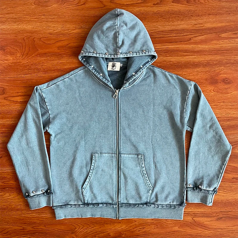 SAINT VANITY Washing water and making old rivet hooded sweater