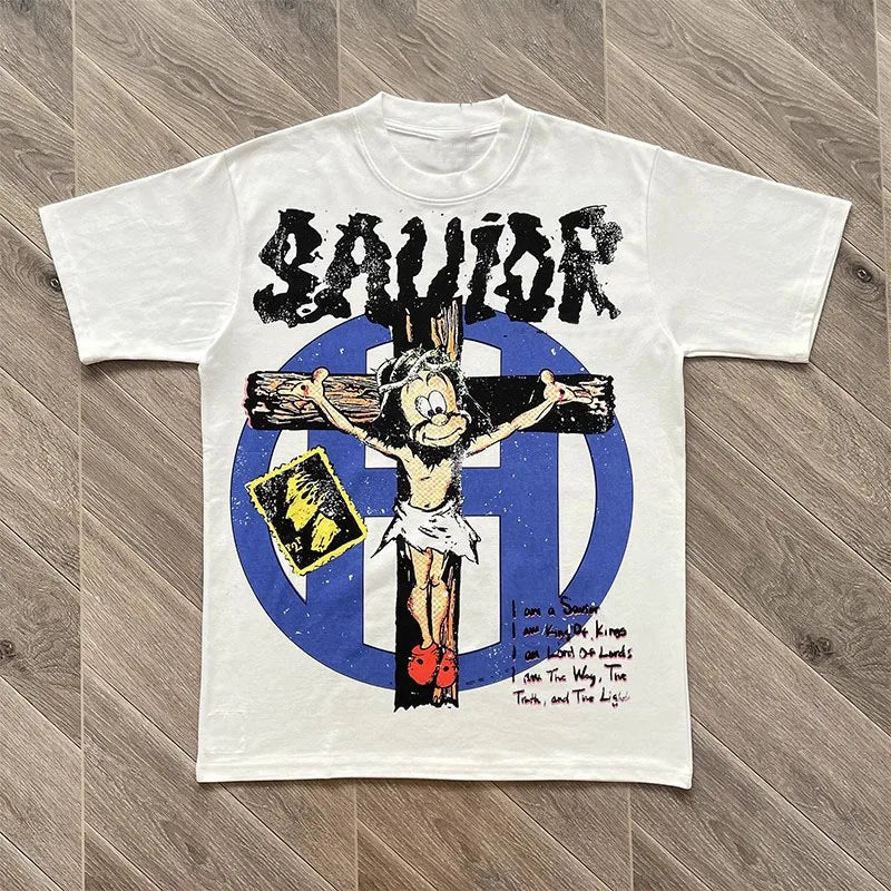 SAINT VANITY creative style cartoon cross print cotton short-sleeved T-shirt