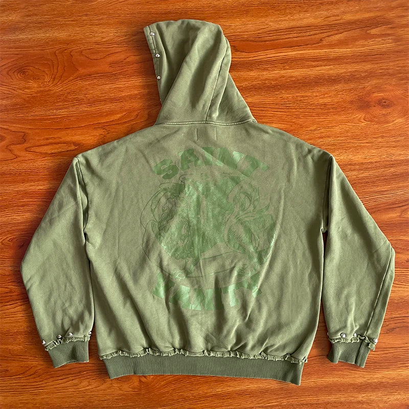 SAINT VANITY Washing water and making old rivet hooded sweater