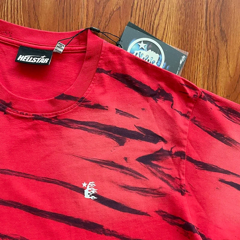 HS Records Red tie-dye cotton casual short-sleeved T-shirt for men and women