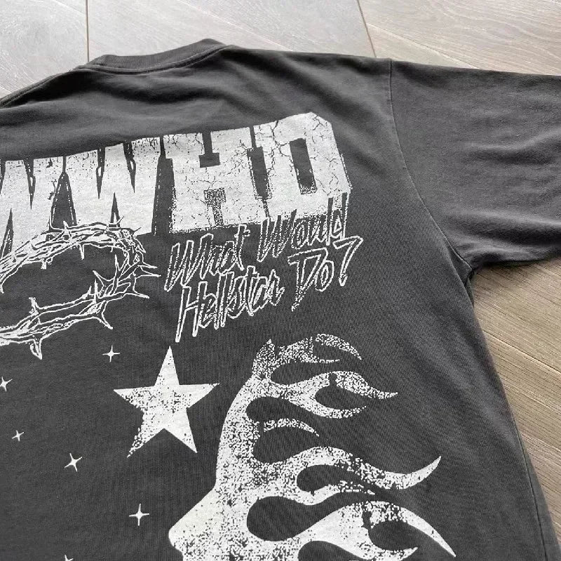 HS Wwwhd God Tee Portret Flash Wash Zware Industrie Korte Mouw T-Shirt