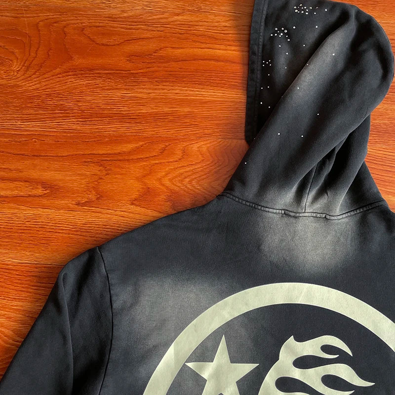 HS  Wash water heavy diamond set casual hoodie