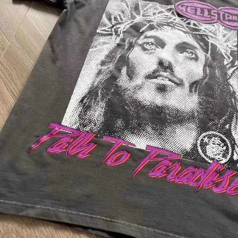 HS Wwwhd God Tee Portret Flash Wash Zware Industrie Korte Mouw T-Shirt