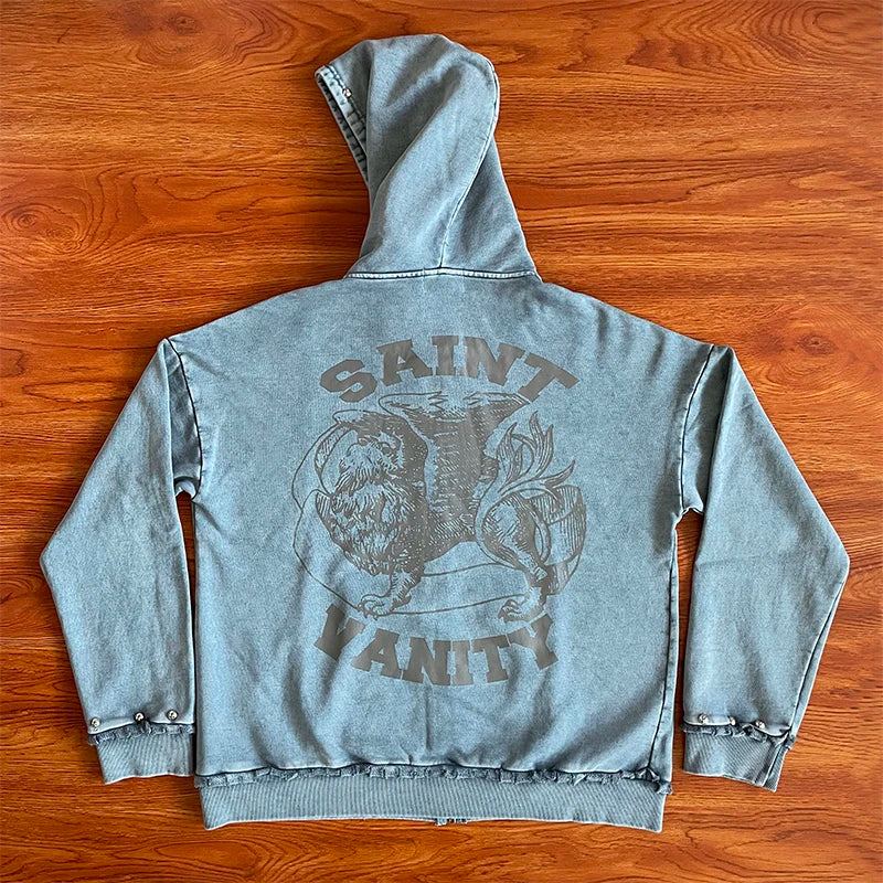 SAINT VANITY Washing water and making old rivet hooded sweater